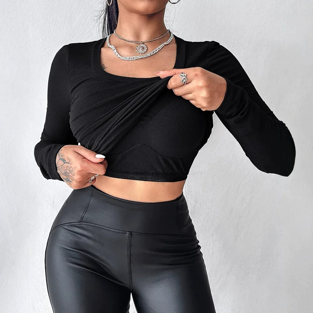 Casual Two Piece U-Neck 2024 Autumn Winter New Long Sleeve Athletic Tank Tops with Built-In Bras Ribbed Design Pack T-shirt Y2k