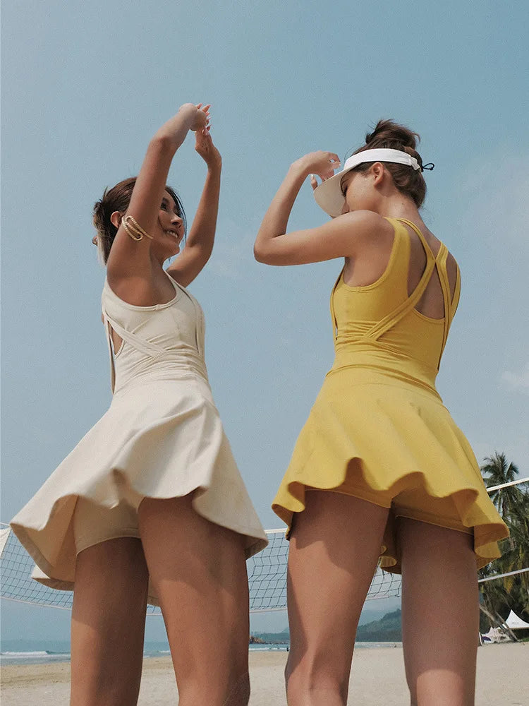 Back Dress Short Running Tennis Dress Yoga Dress Sports Fitness Set Summer Women
