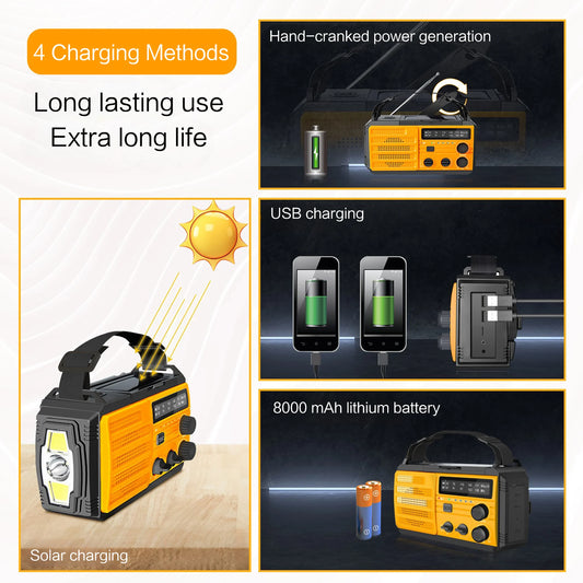 Hand Crank AM/FM/WB,Outdoor Flashlight,Can Be Hand-cranked Charging,Solar Charging and USB-C Charging, with SOS Alarm Function