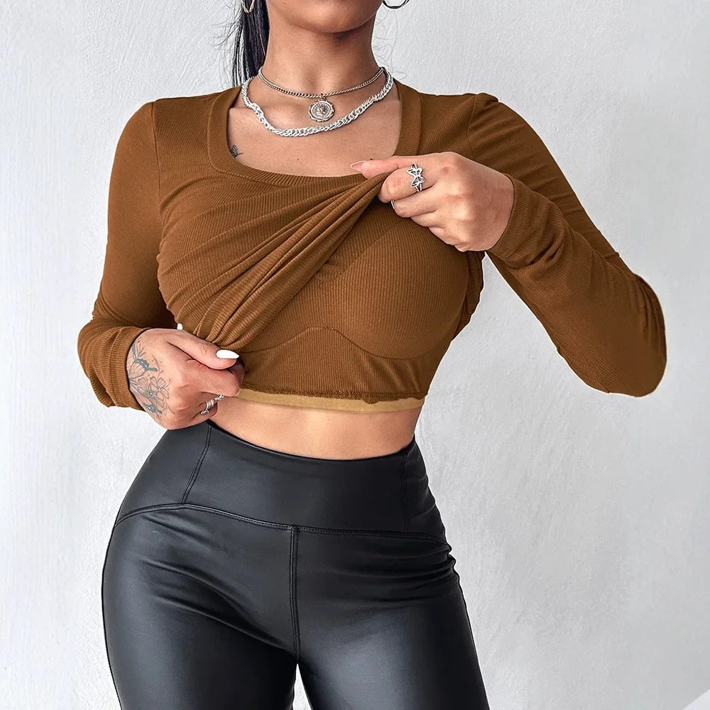 Casual Two Piece U-Neck 2024 Autumn Winter New Long Sleeve Athletic Tank Tops with Built-In Bras Ribbed Design Pack T-shirt Y2k