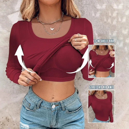 Casual Two Piece U-Neck 2024 Autumn Winter New Long Sleeve Athletic Tank Tops with Built-In Bras Ribbed Design Pack T-shirt Y2k