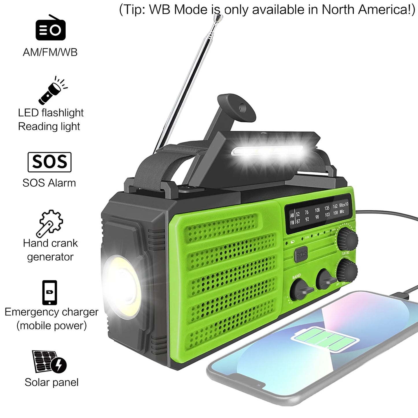 Hand Crank AM/FM/WB,Outdoor Flashlight,Can Be Hand-cranked Charging,Solar Charging and USB-C Charging, with SOS Alarm Function