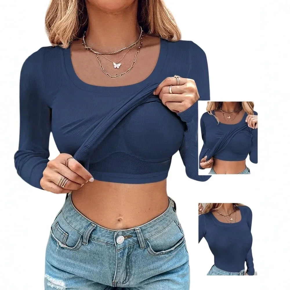Casual Two Piece U-Neck 2024 Autumn Winter New Long Sleeve Athletic Tank Tops with Built-In Bras Ribbed Design Pack T-shirt Y2k
