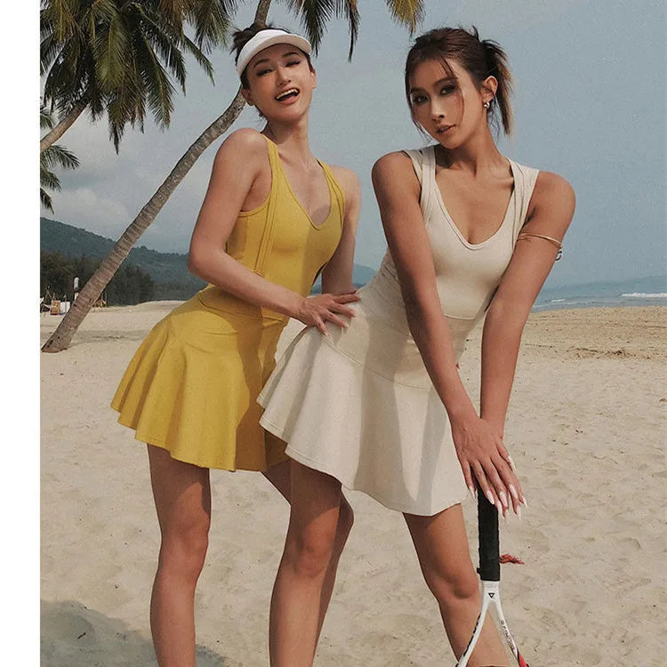 Back Dress Short Running Tennis Dress Yoga Dress Sports Fitness Set Summer Women