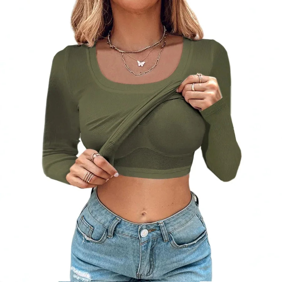 Casual Two Piece U-Neck 2024 Autumn Winter New Long Sleeve Athletic Tank Tops with Built-In Bras Ribbed Design Pack T-shirt Y2k