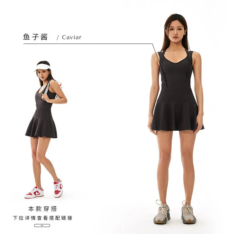Back Dress Short Running Tennis Dress Yoga Dress Sports Fitness Set Summer Women