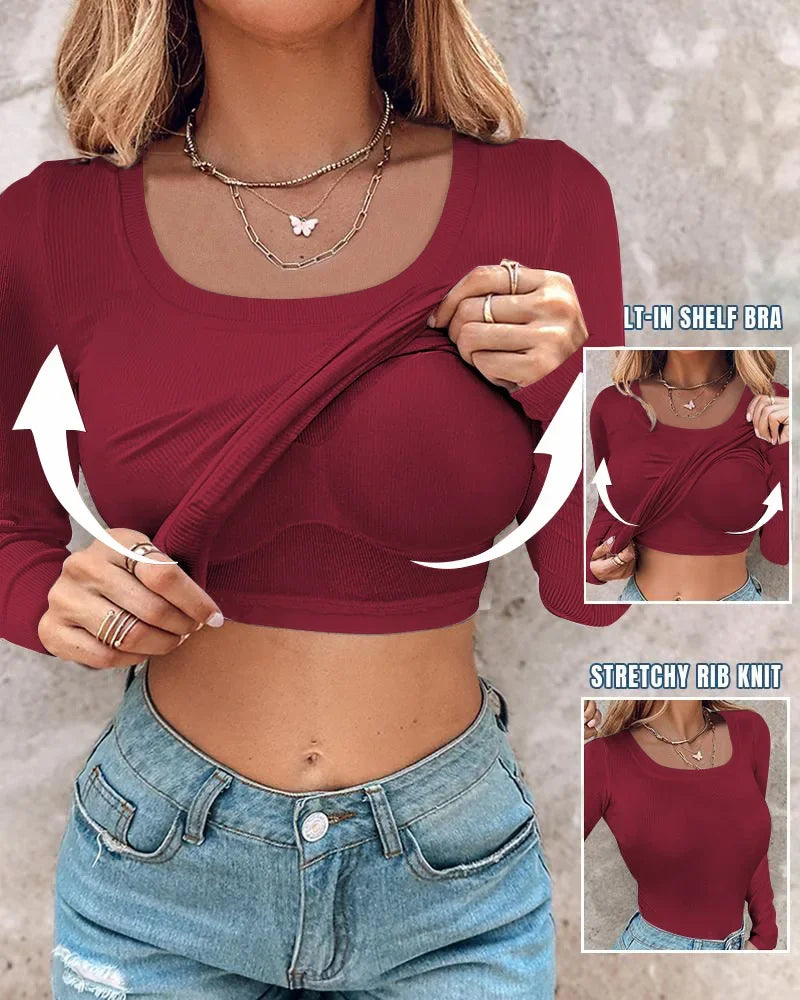 Casual Two Piece U-Neck 2024 Autumn Winter New Long Sleeve Athletic Tank Tops with Built-In Bras Ribbed Design Pack T-shirt Y2k