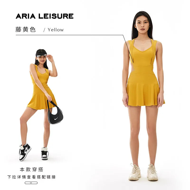 Back Dress Short Running Tennis Dress Yoga Dress Sports Fitness Set Summer Women